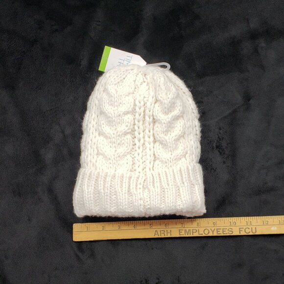 Adult Beanie Cable Knit Cuffed Lined No Pom Repreve Time & Tru Toboggan White OS - Picture 5 of 7